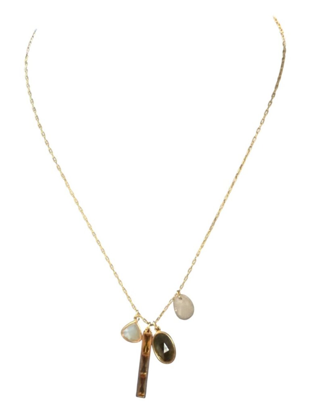 Multi-Charm Gold Chain Necklace With Gemstone Pendants & Lobster Clasp Closure